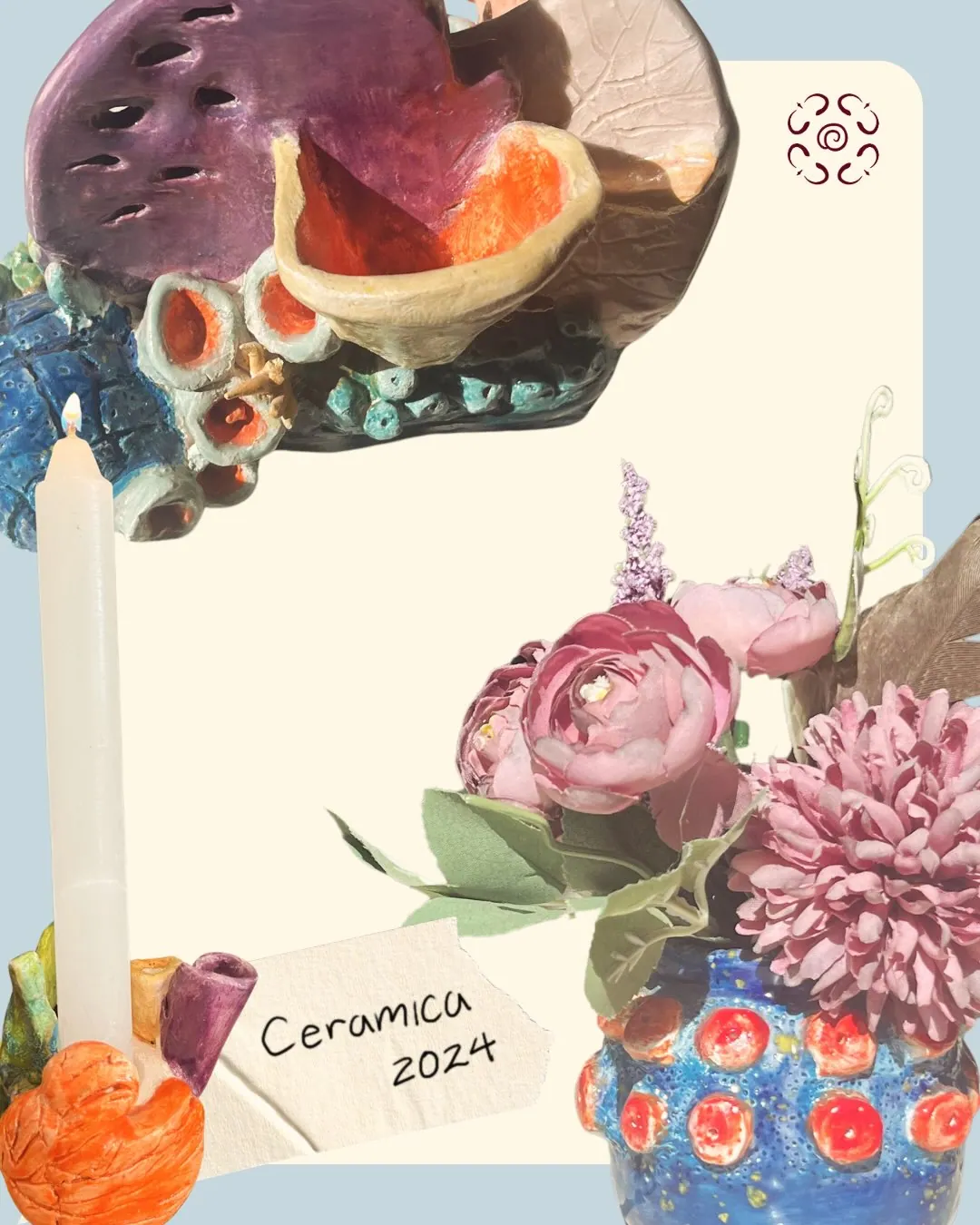 Piezas de cerámica inspiradas en arrecifes junto a una vela y flores