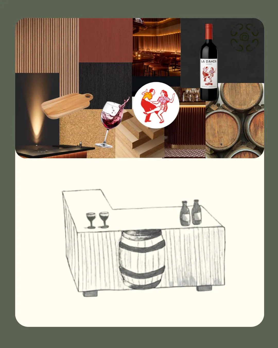 Referencias y boceto de la barra de vino con barril