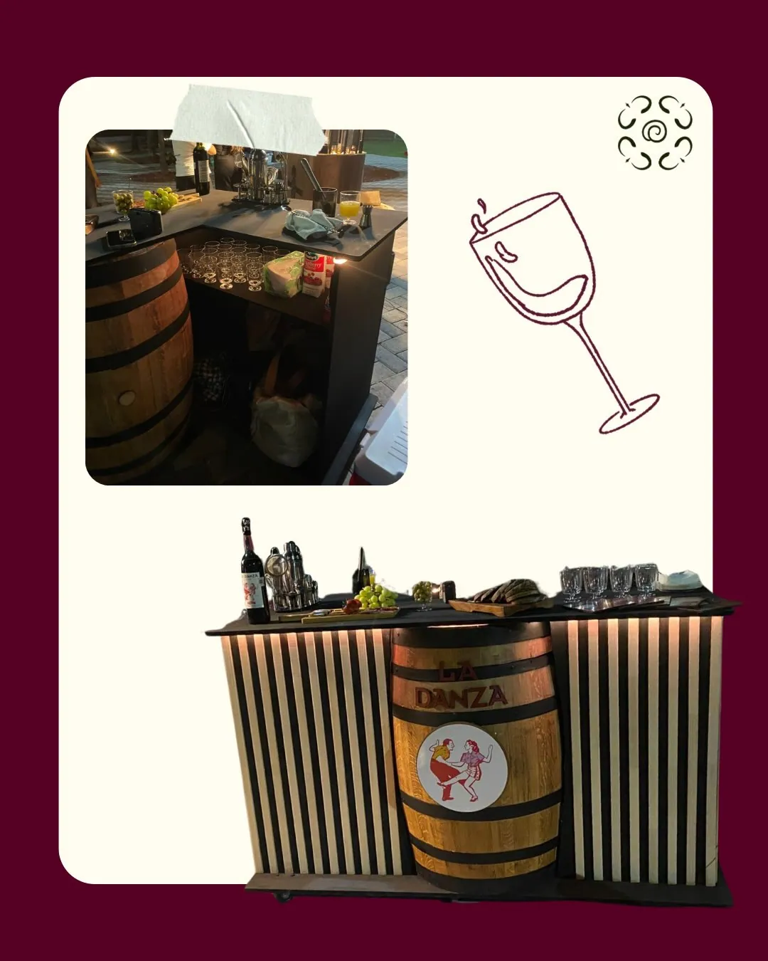 Barra de vino terminada con barril y copas